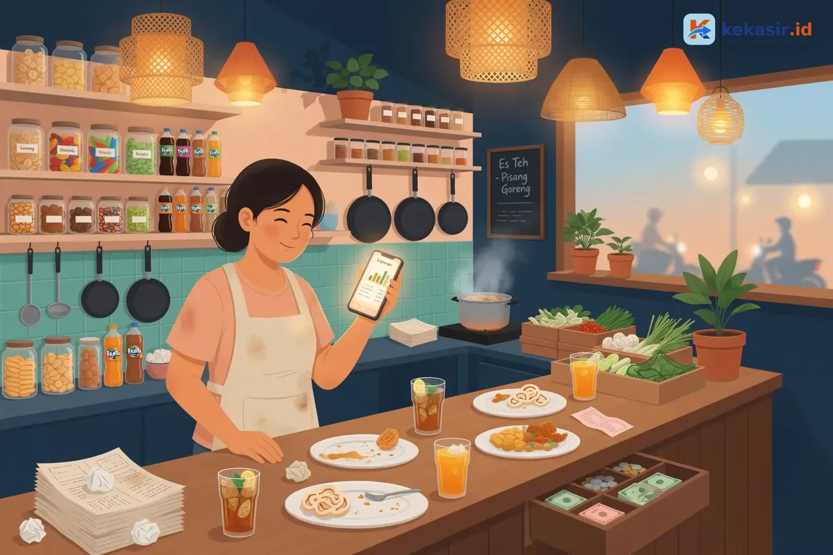 Pemilik cafe menutup shift sambil cek laporan omzet di HP di sudut dapur