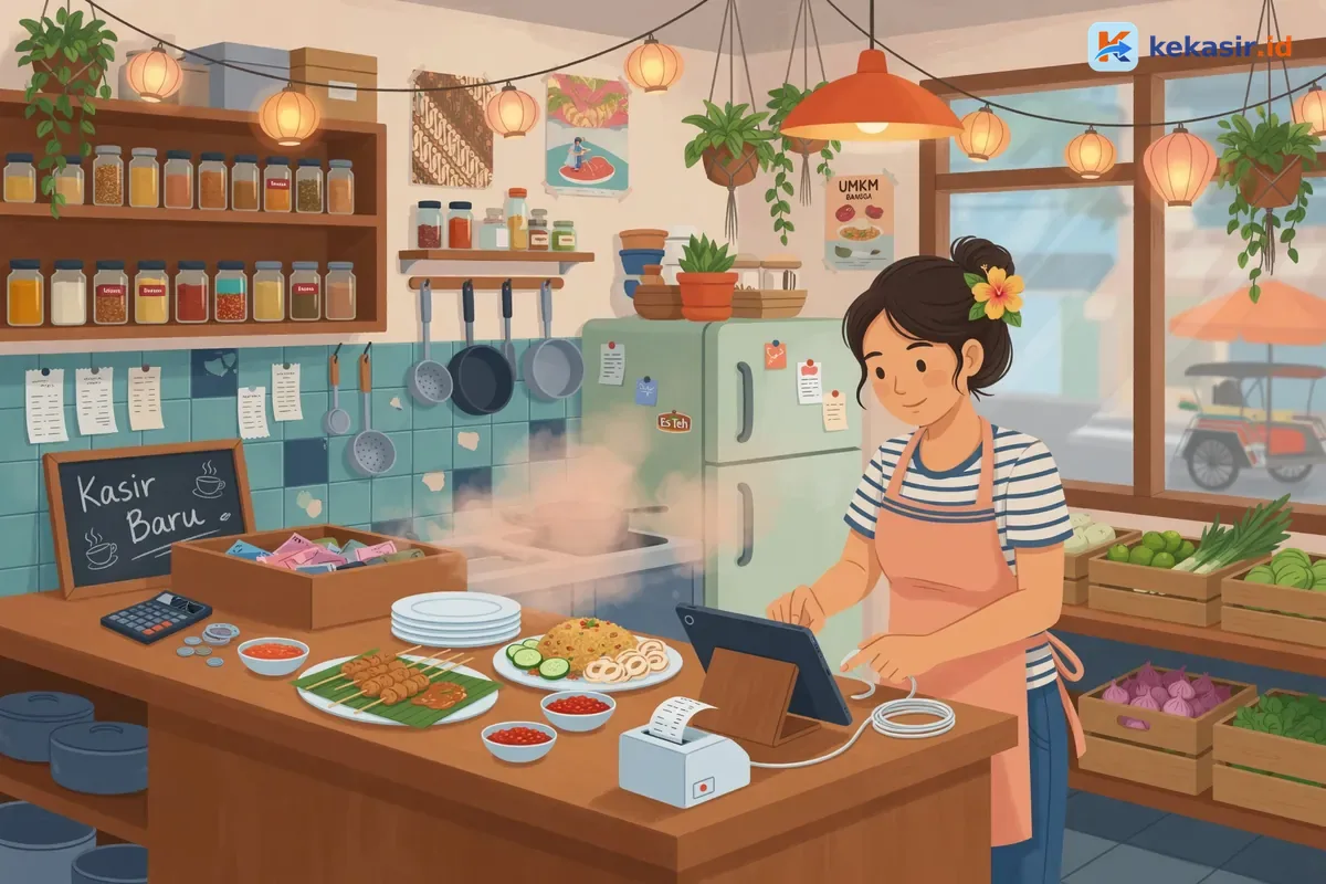 Ilustrasi pemilik warung menyiapkan perangkat kasir tablet di meja outlet baru
