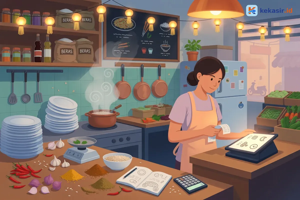 Ilustrasi staf warung memeriksa layar kasir saat pergantian shift
