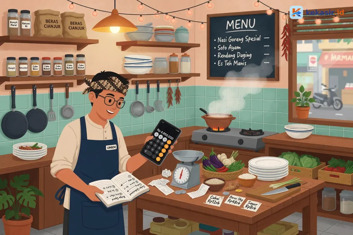 Ilustrasi pemilik usaha kuliner menghitung biaya operasional dan anggaran outlet baru