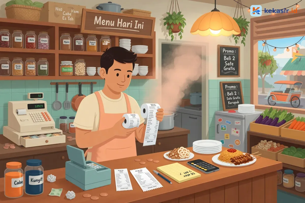 Ilustrasi pemilik warung membandingkan dua ukuran kertas struk thermal di meja kasir