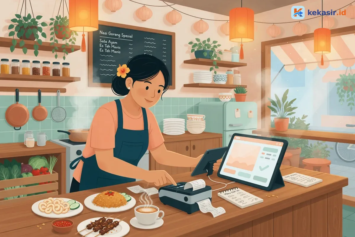 Ilustrasi pemilik usaha menyiapkan tablet kasir dan printer thermal di meja outlet baru