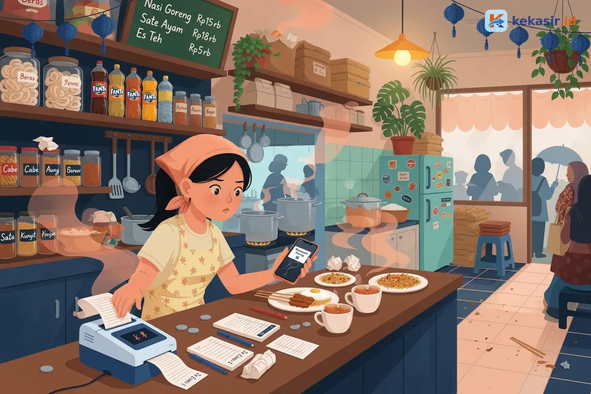 Ilustrasi kasir warung sedang memeriksa printer thermal di meja kasir saat ramai