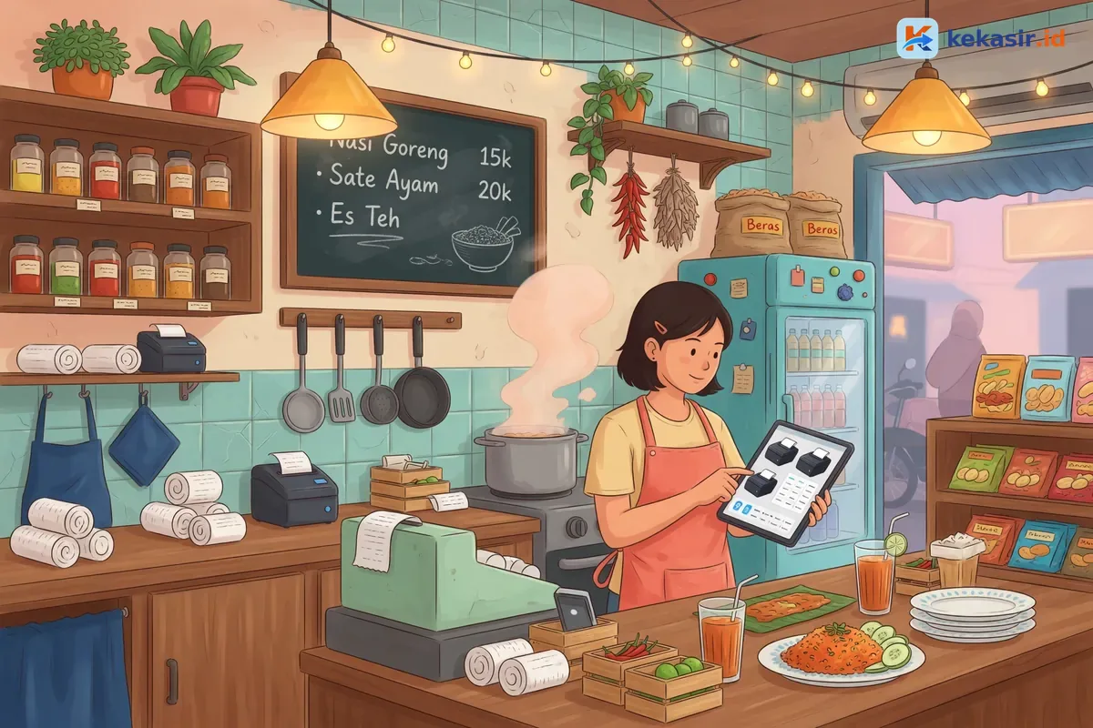 Ilustrasi pemilik usaha kuliner melihat katalog perangkat kasir thermal di tablet