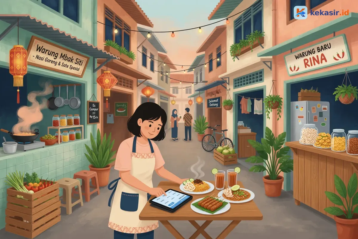 Ilustrasi pemilik usaha kuliner sedang merencanakan ekspansi cabang kedua di depan perangkat kasir
