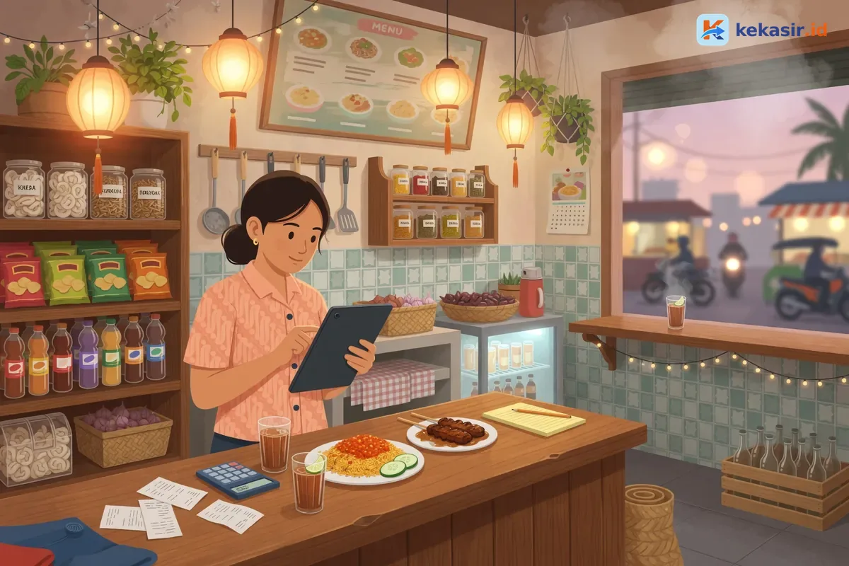 Ilustrasi pemilik usaha melihat laporan gabungan dua cabang dari satu perangkat tablet