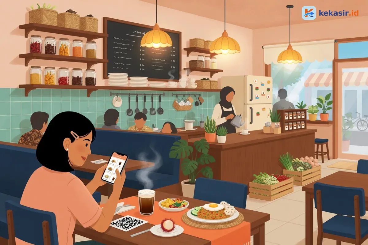 Ilustrasi pelanggan di kafe sedang memindai QR code meja untuk melihat katalog dan memesan sendiri