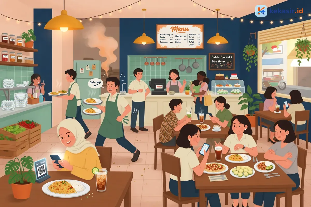 Ilustrasi cafe ramai dengan antrian di kasir dan pelanggan menunggu di meja