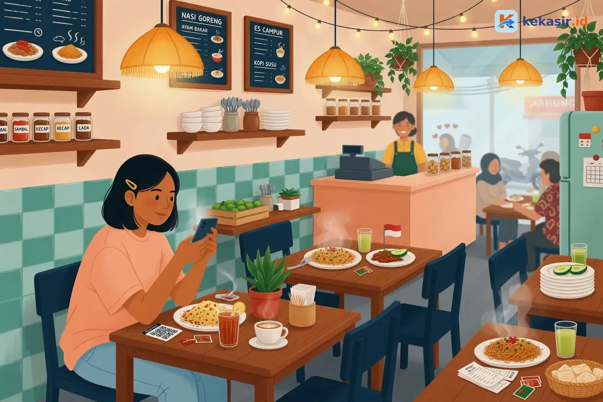Suasana pelanggan cafe scan QR di meja dan memesan dari HP