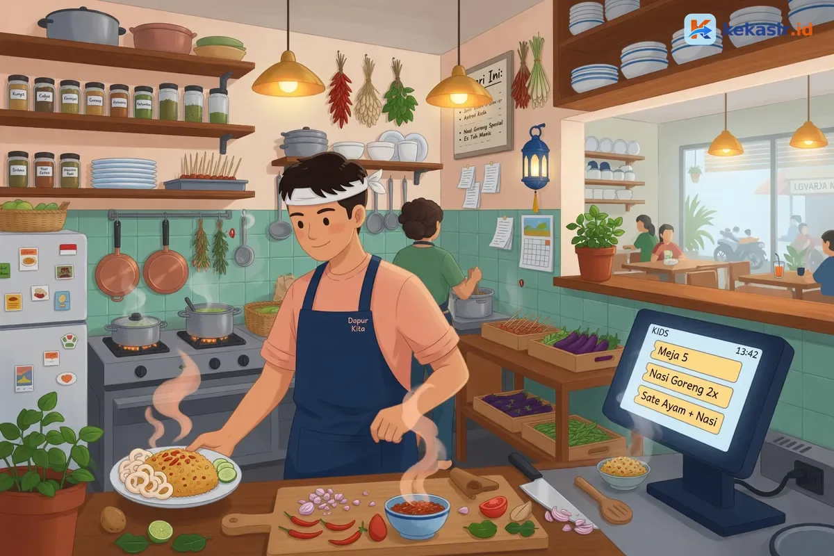 Ilustrasi dapur cafe melihat pesanan di layar KDS saat jam ramai