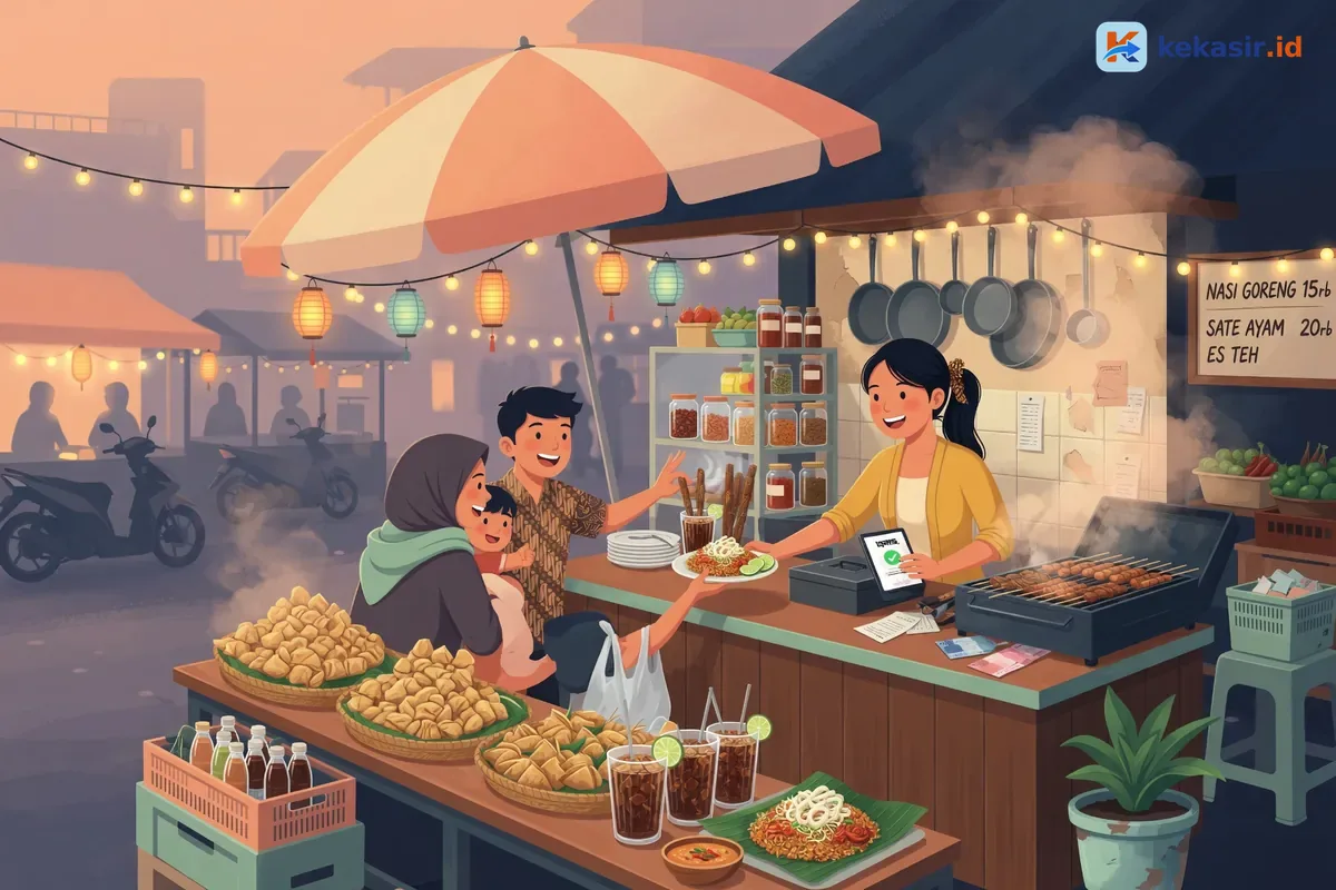Ilustrasi pemilik booth bazar melayani pelanggan saat ramai di stan kuliner