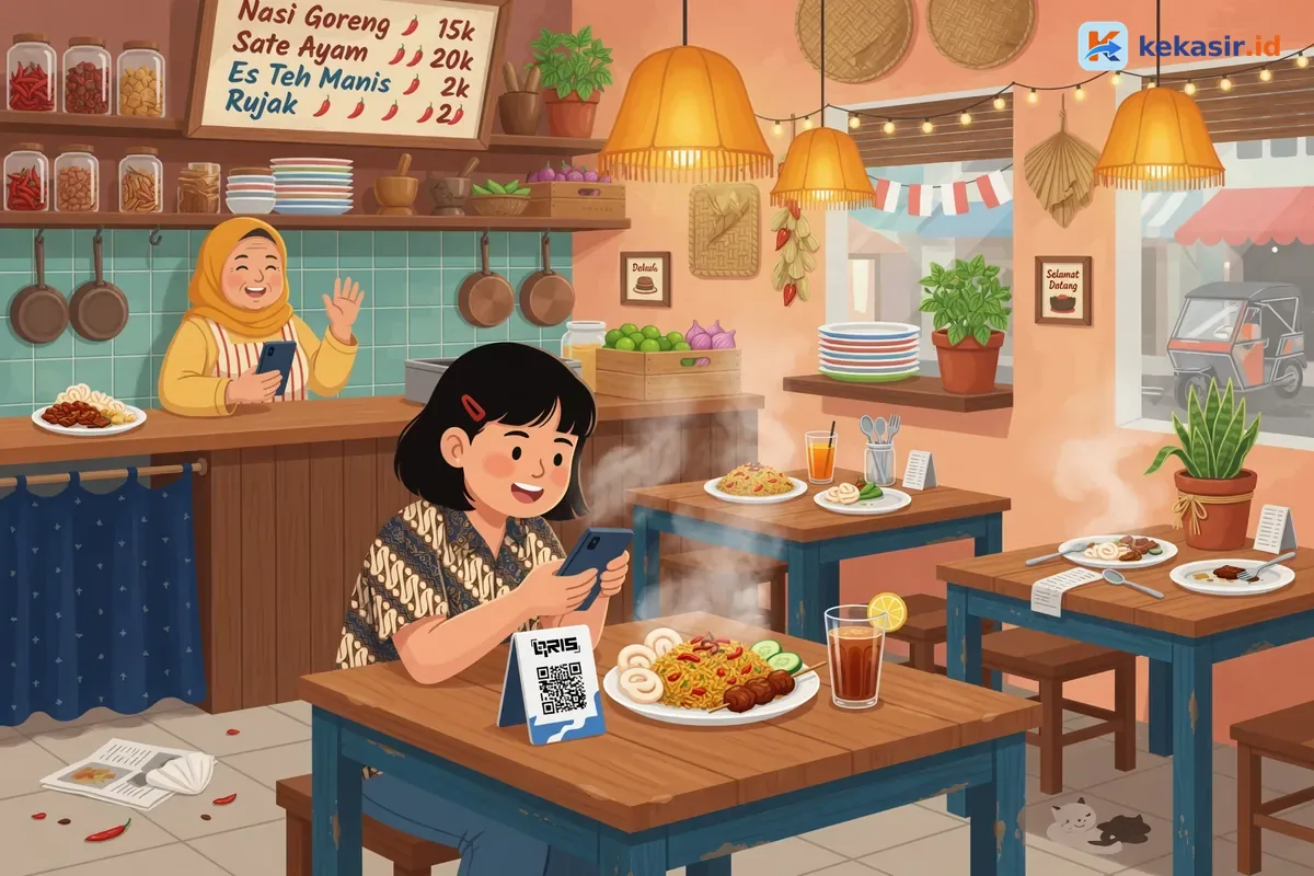 Ilustrasi pelanggan scan QRIS untuk bayar makanan di stan bazar