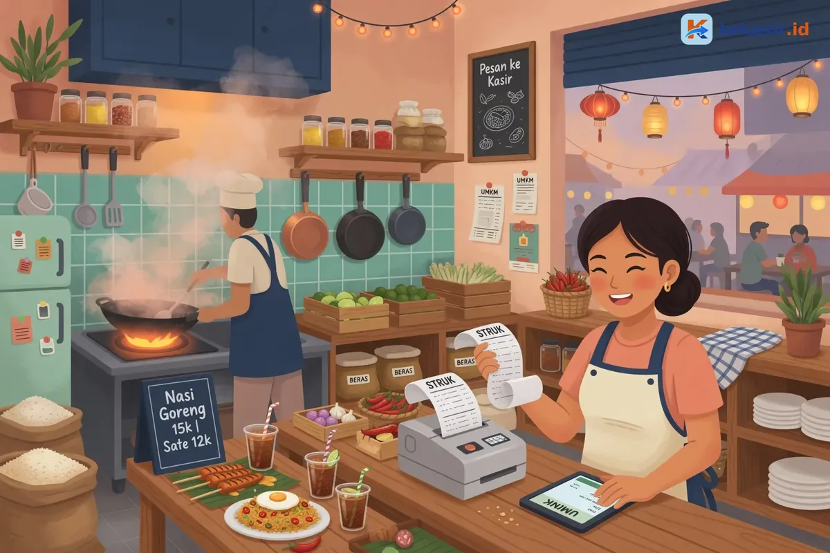 Ilustrasi kasir booth bazar mencetak struk pesanan dengan printer thermal
