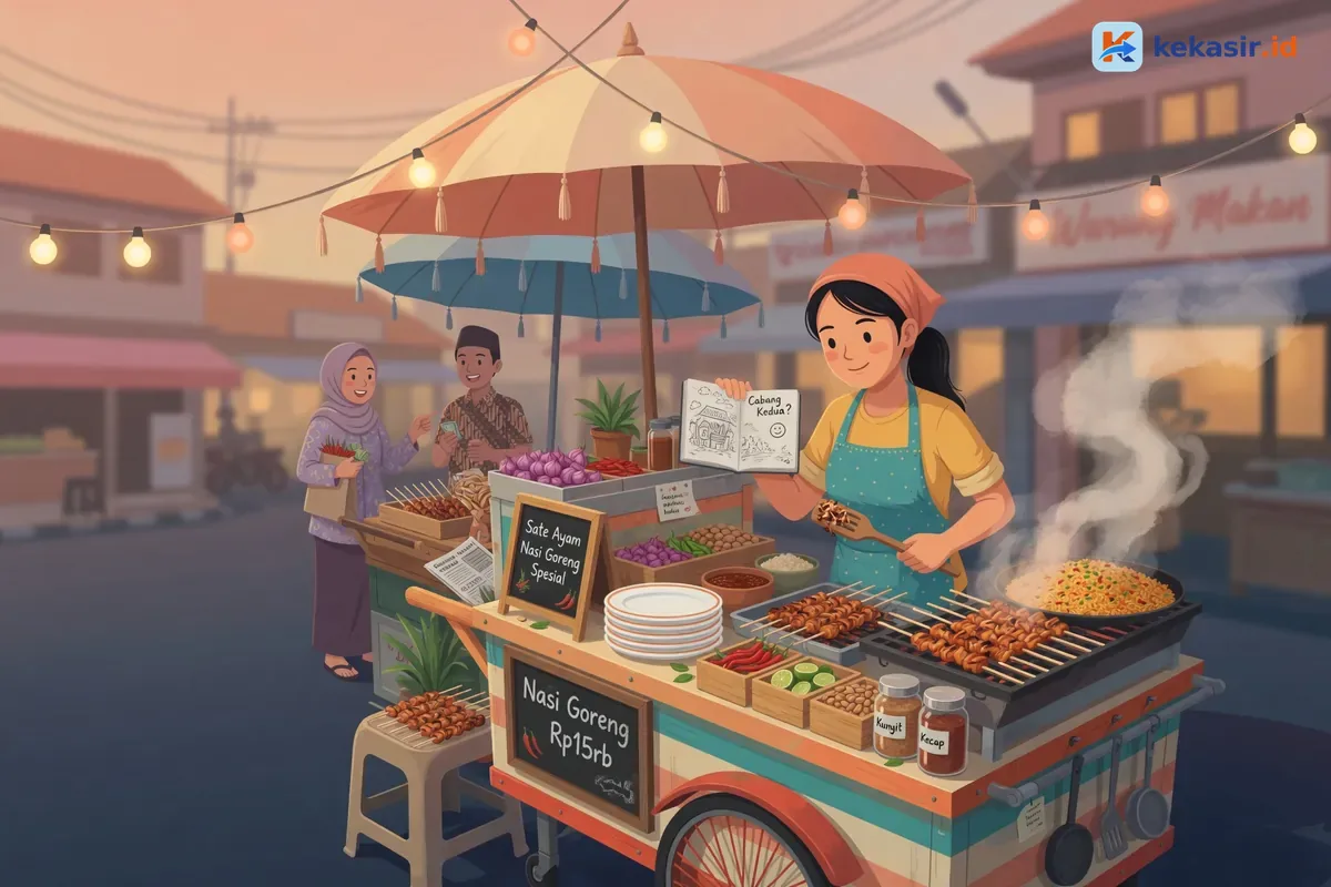 Ilustrasi pemilik gerobak makanan merencanakan buka cabang di warung kecil