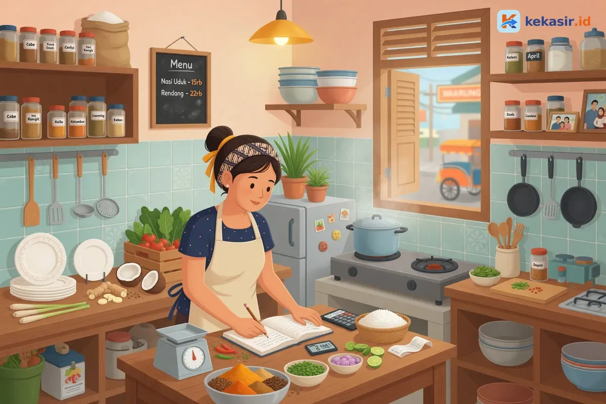 Ilustrasi staf warung mencatat stok bahan dan resep di dapur sebelum buka cabang