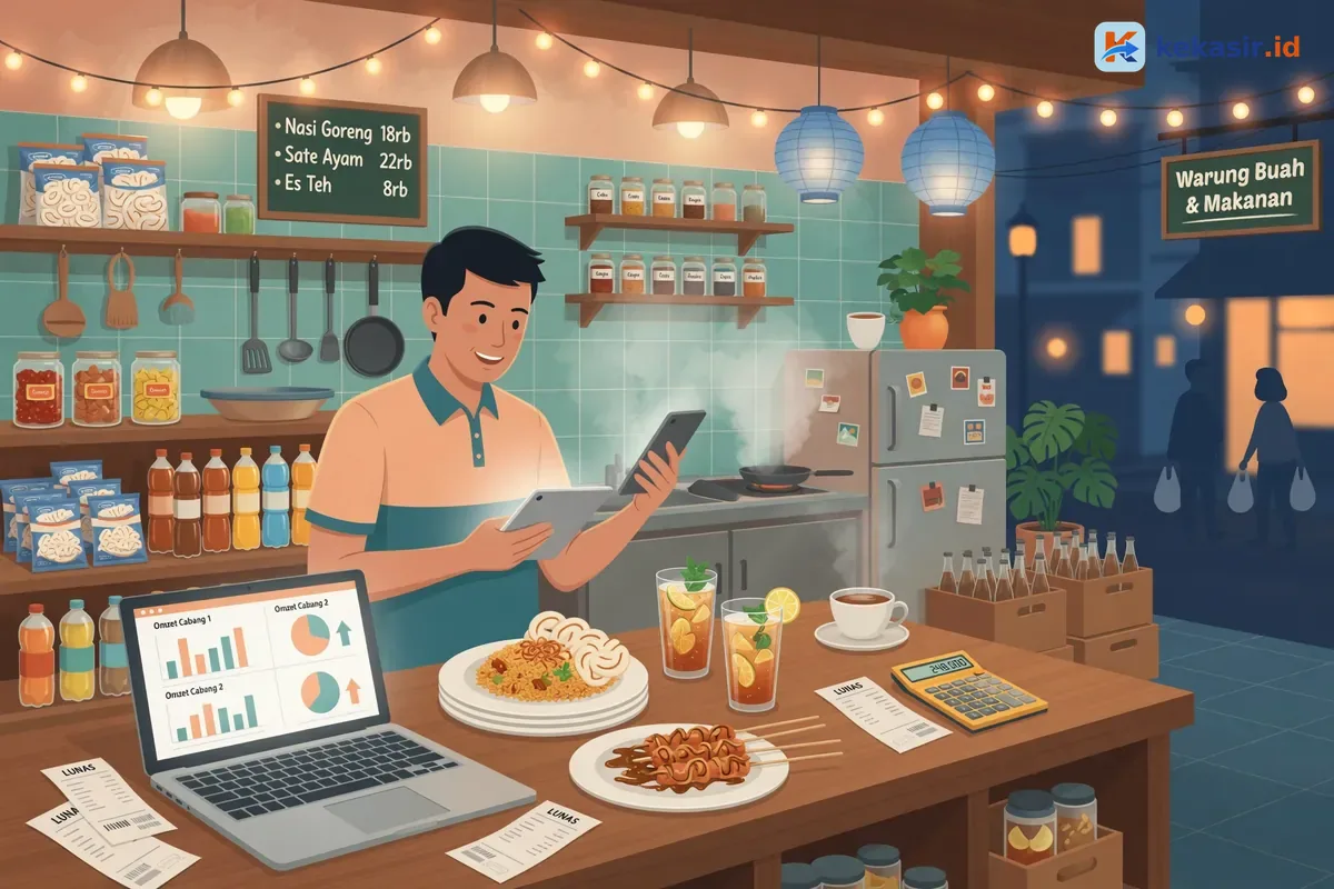 Ilustrasi pemilik usaha kuliner memantau omzet dua cabang dari laptop di meja kasir