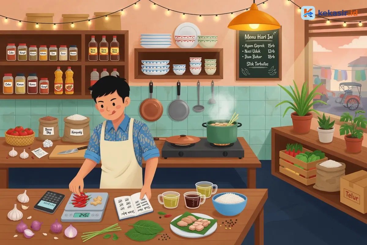 Ilustrasi pemilik warung menghitung bahan di dapur
