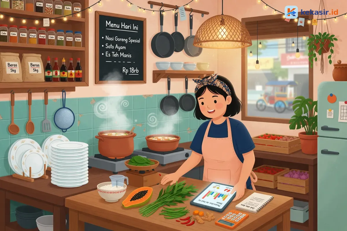 Ilustrasi pemilik cafe mengecek laporan penjualan dan stok di tablet