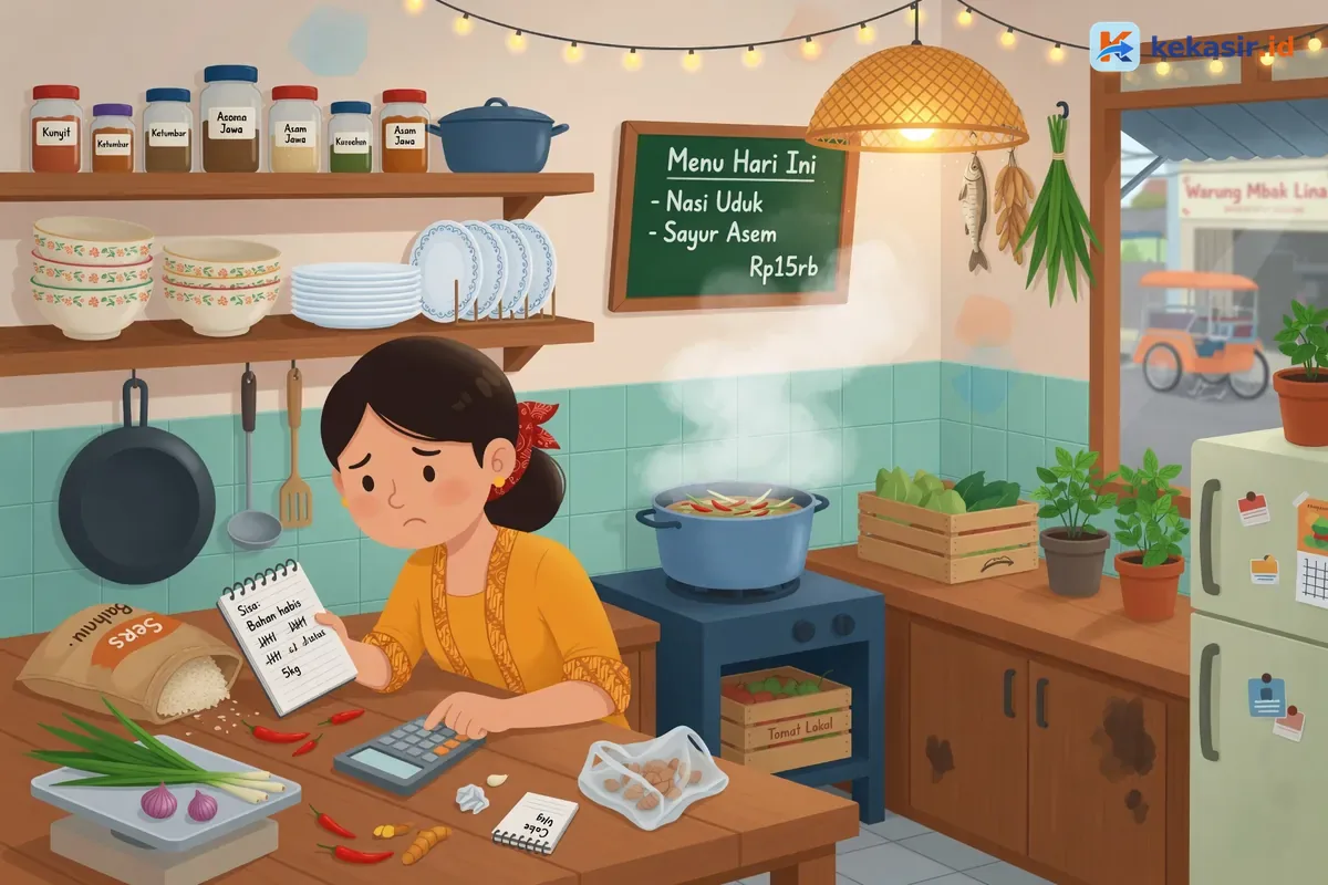 Ilustrasi pemilik warung memeriksa sisa bahan baku di dapur
