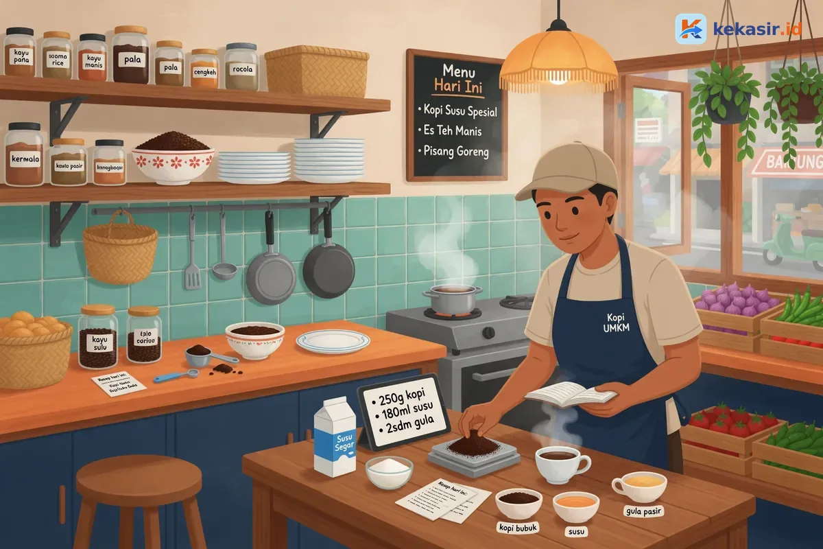 Suasana koki di dapur menyiapkan pesanan sesuai porsi resep
