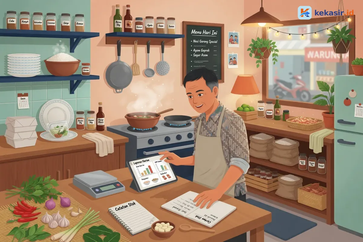 Pemilik usaha kuliner mengecek laporan penjualan dan stok di tablet