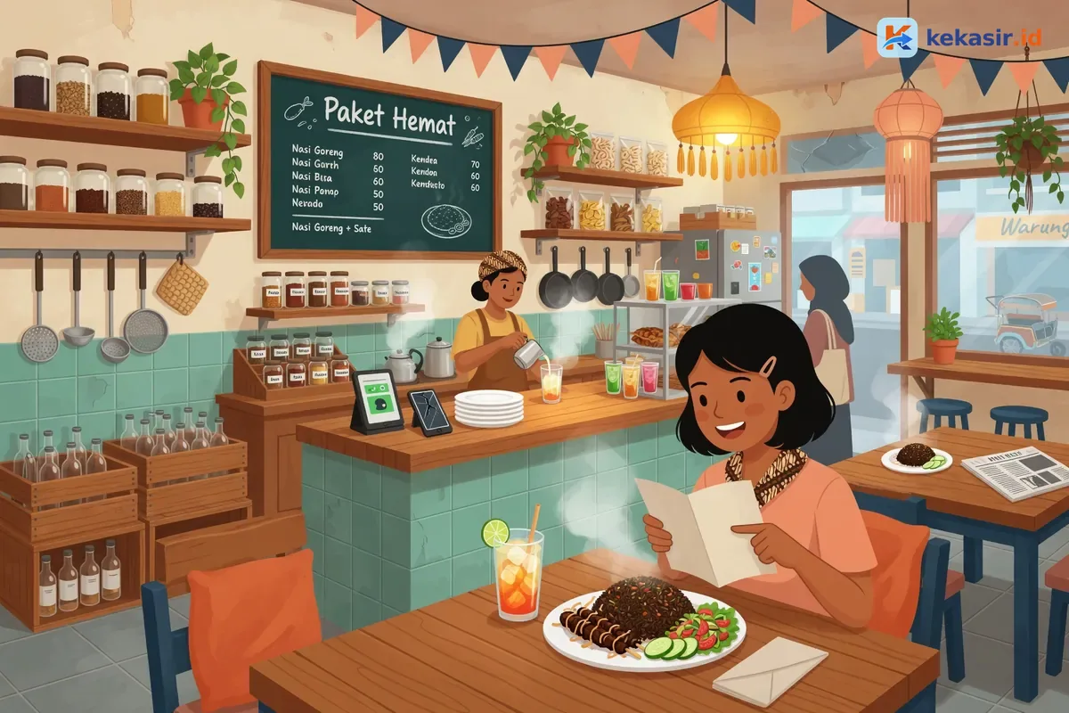 Ilustrasi pelanggan cafe memesan paket hemat di meja sambil lihat menu