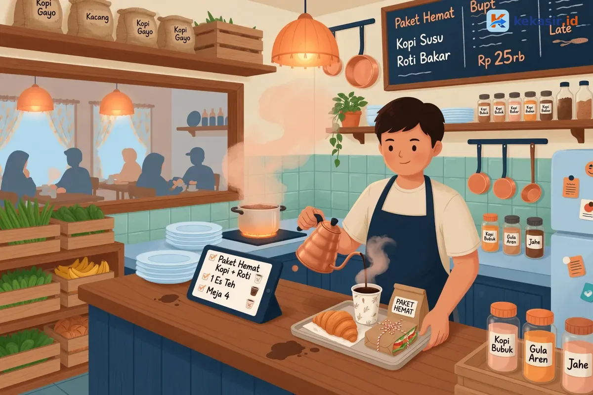Barista cafe meracik minuman sambil menyiapkan paket combo di counter