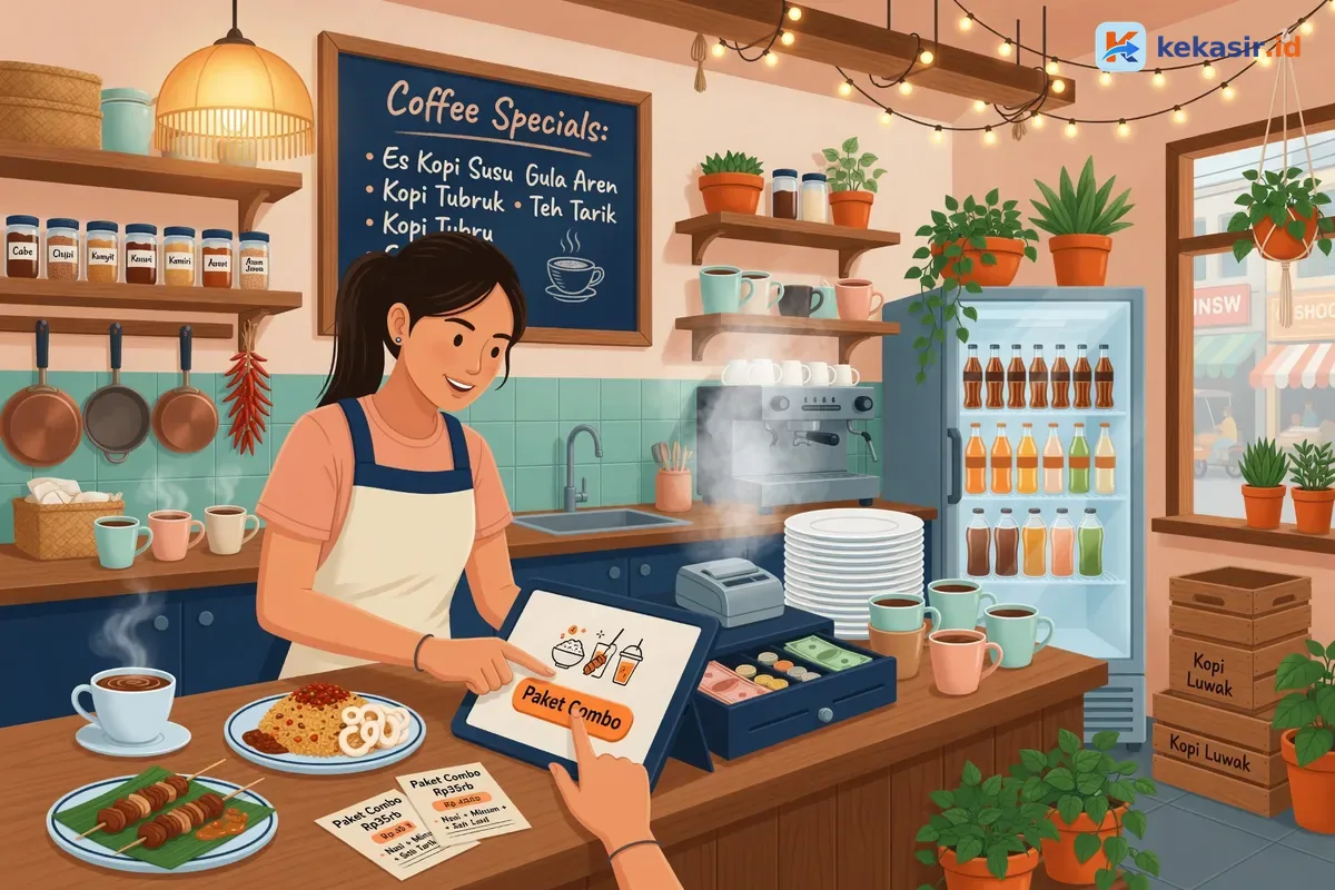 Kasir cafe menekan paket combo di layar aplikasi kasir