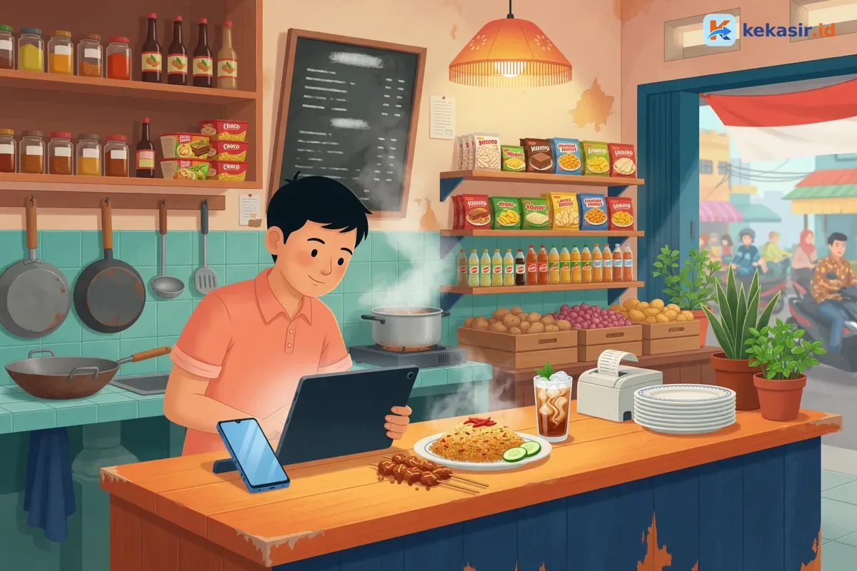 Ilustrasi pemilik warung membandingkan tablet dan HP Android di meja kasir