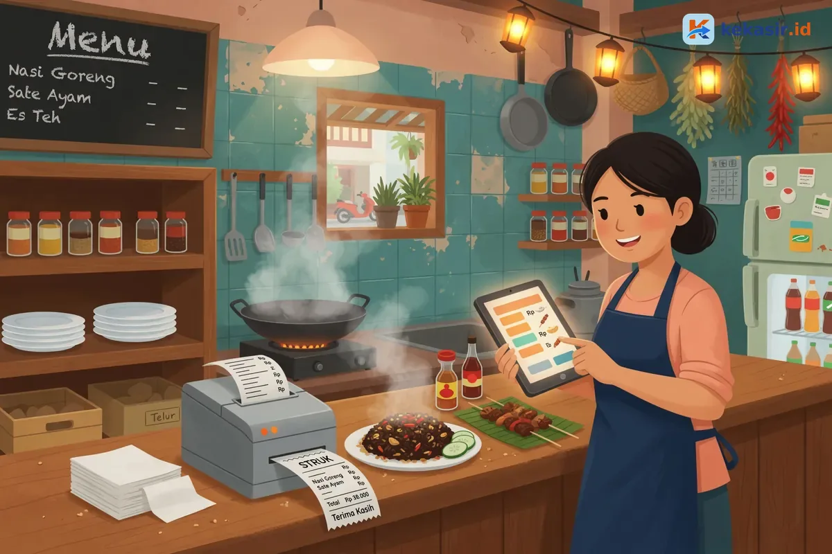Suasana kasir mencetak struk pesanan menggunakan tablet di counter