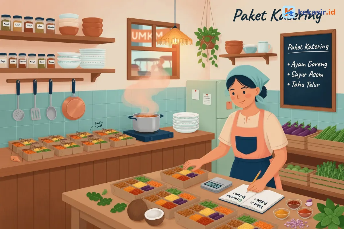 Ilustrasi pemilik usaha katering menyiapkan beberapa kotak makan di dapur