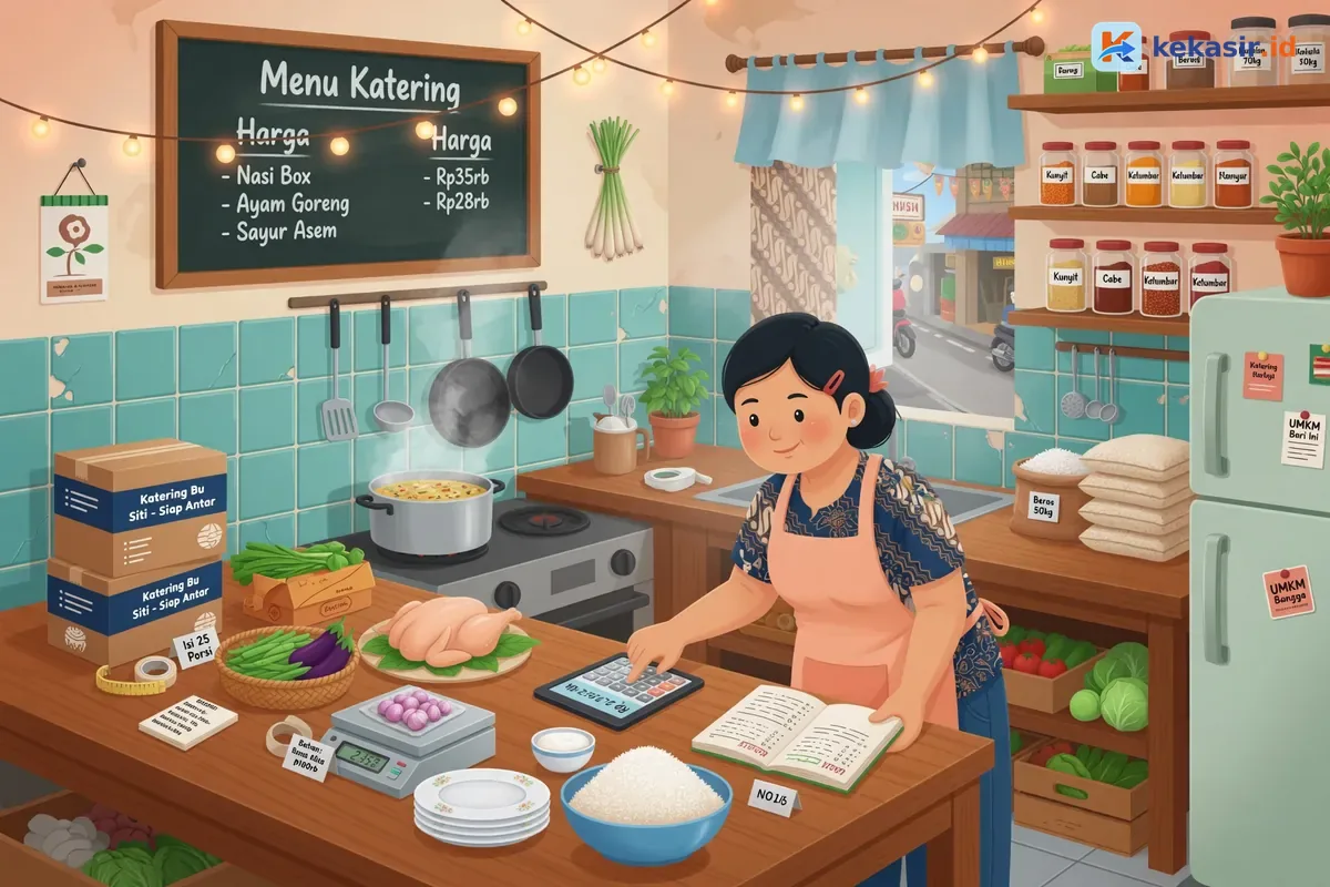Pemilik usaha katering menghitung biaya bahan dan kemasan menggunakan tablet di dapur