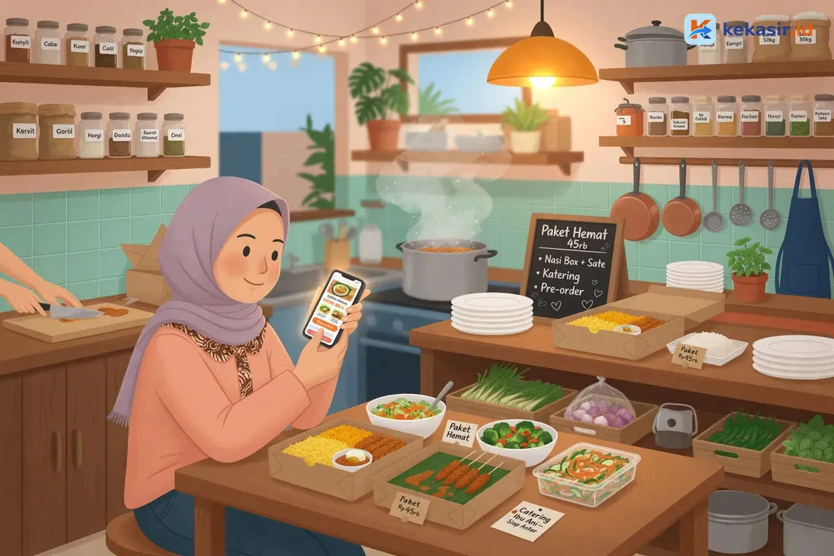 Pelanggan memesan paket katering melalui katalog online dari ponsel