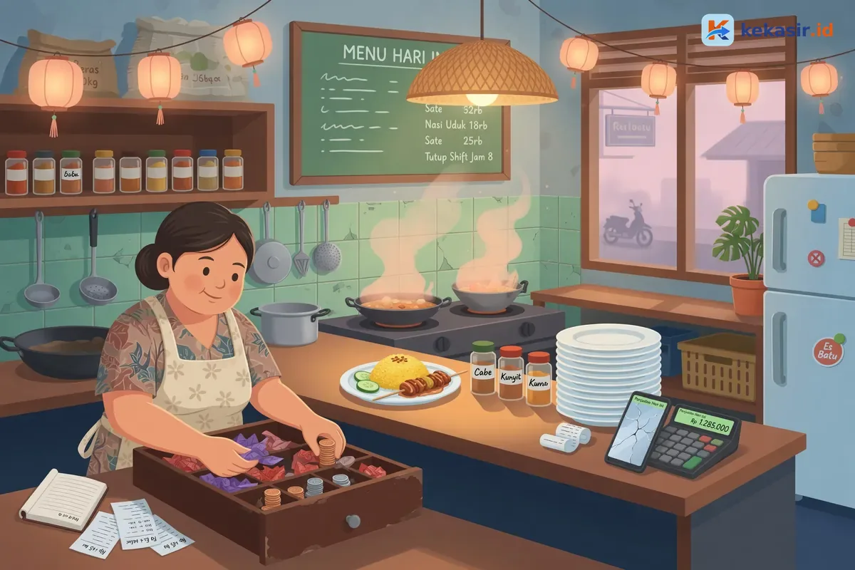 Ilustrasi pemilik warung menghitung uang di laci kasir saat pergantian shift