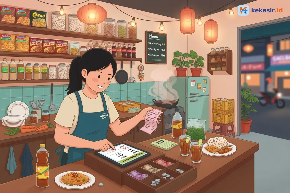 Ilustrasi staf mencatat pengeluaran belanja bahan dapur di tablet