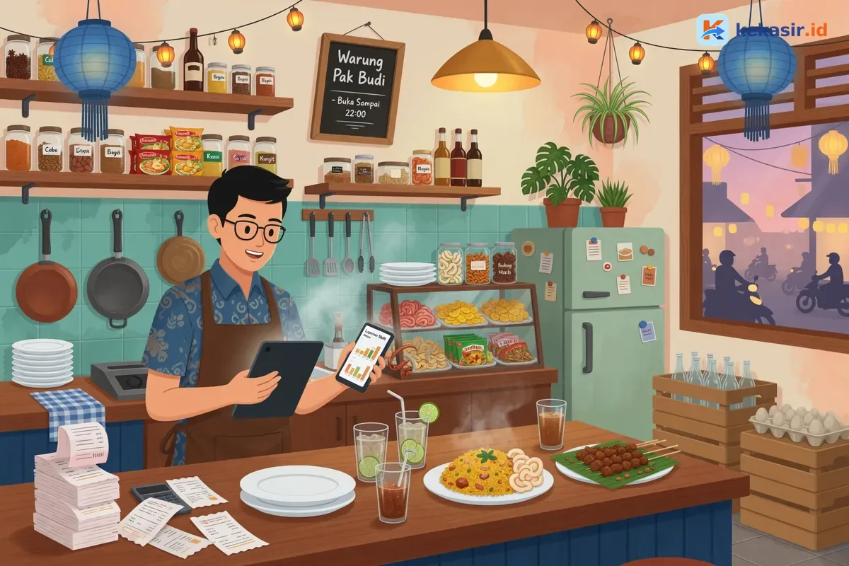 Ilustrasi pemilik usaha memantau laporan shift dari beberapa perangkat