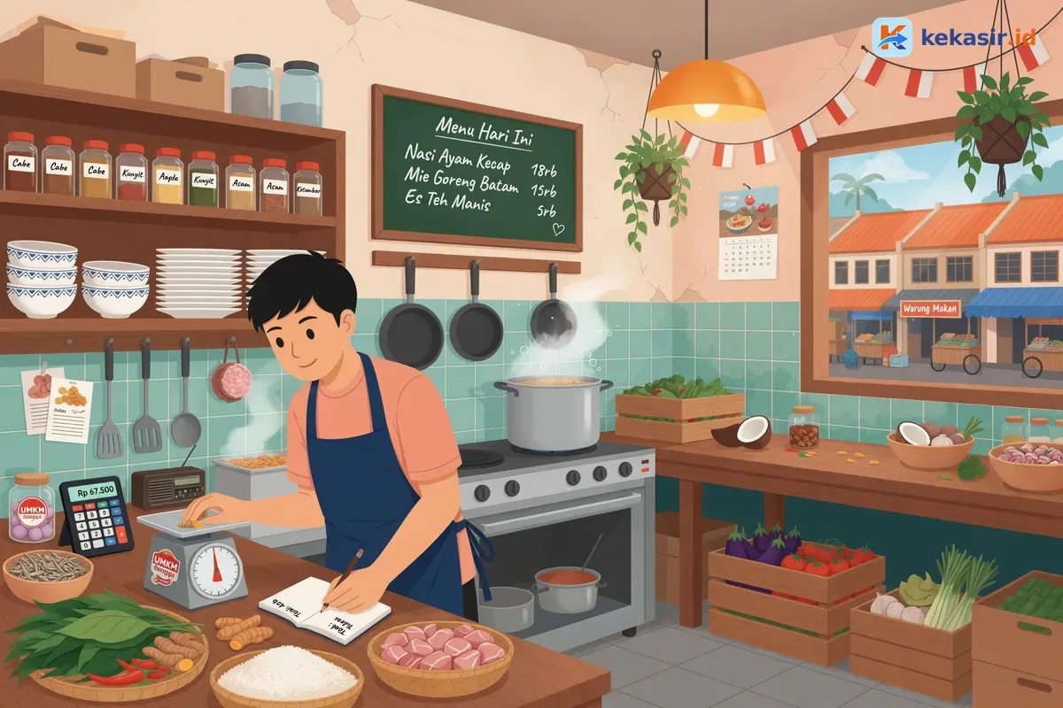 Ilustrasi pemilik warung menghitung bahan di dapur