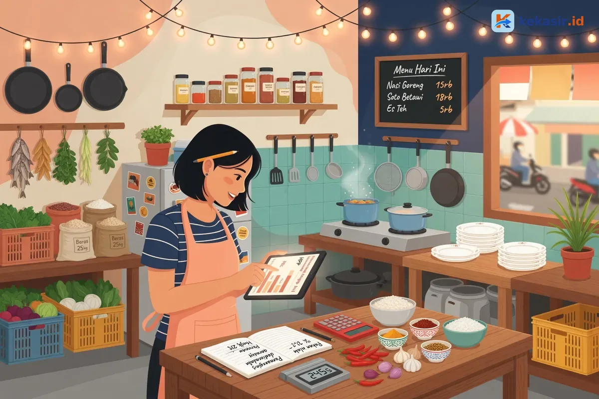 Pemilik warung menganalisa laporan penjualan di tablet