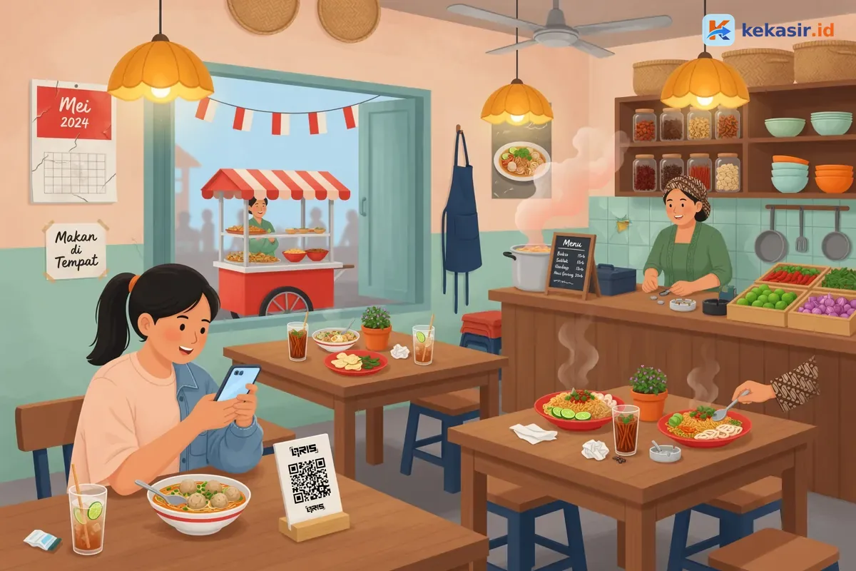 Ilustrasi pelanggan scan QRIS untuk bayar di gerobak kaki lima