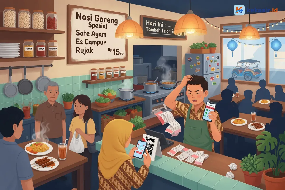 Pemilik warung kaki lima sibuk mencocokkan struk kasir saat antrian