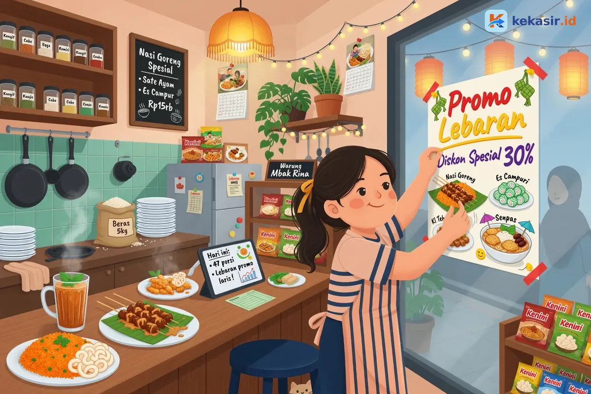 Ilustrasi pemilik warung menyusun poster promo musiman di etalase kafe