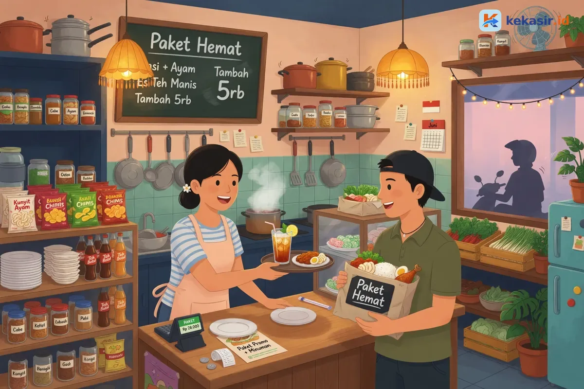 Staf kasir restoran menawarkan menu tambahan kepada pelanggan di meja kasir