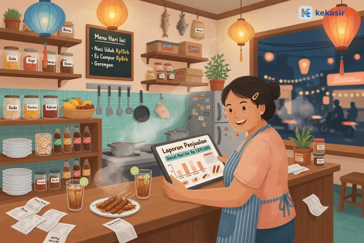 Pemilik usaha kuliner memantau laporan penjualan harian dari tablet di dapur