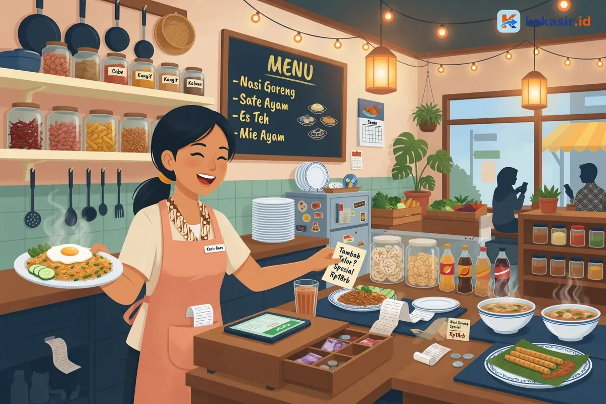 Ilustrasi kasir baru sedang melayani pelanggan di counter warung makan