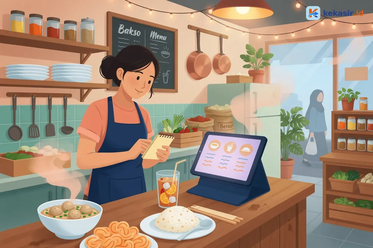 Ilustrasi layar aplikasi kasir menampilkan daftar menu dan kategori produk