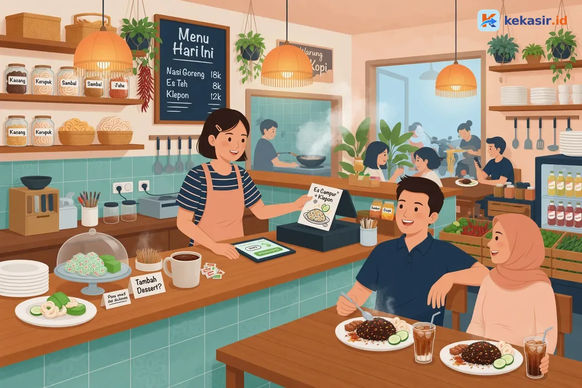 Ilustrasi suasana pelanggan di kafe sedang makan dan berinteraksi dengan staf