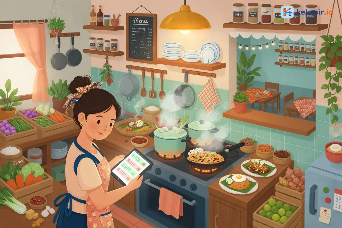 Ilustrasi pemilik usaha rumahan memproses pesanan makanan dari HP di dapur