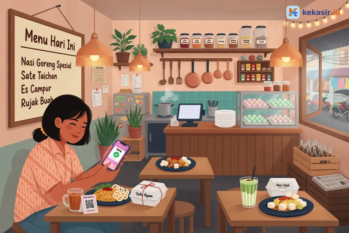 Pelanggan usaha rumahan scan QRIS untuk bayar pesanan takeaway