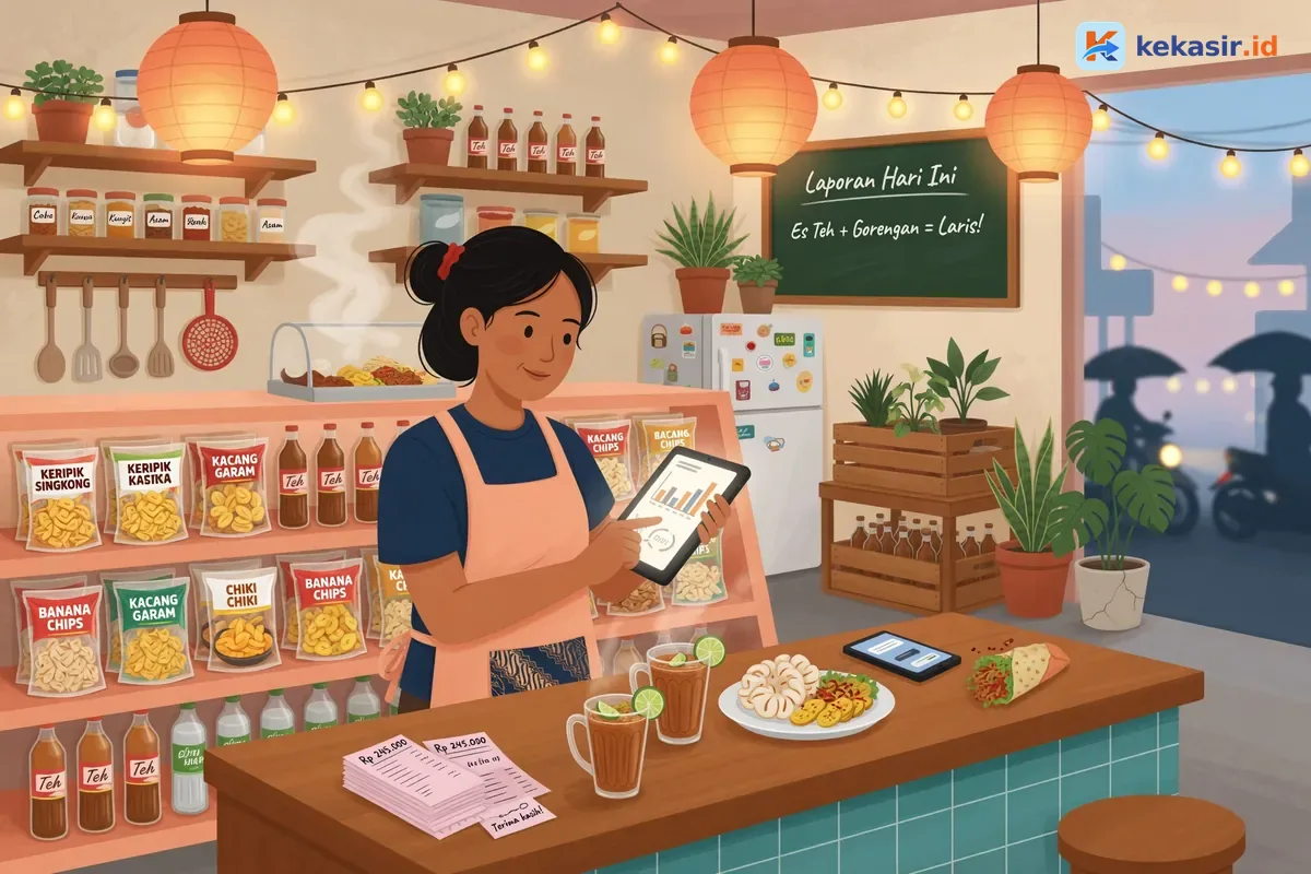 Ilustrasi pemilik usaha rumahan melihat laporan penjualan harian di tablet